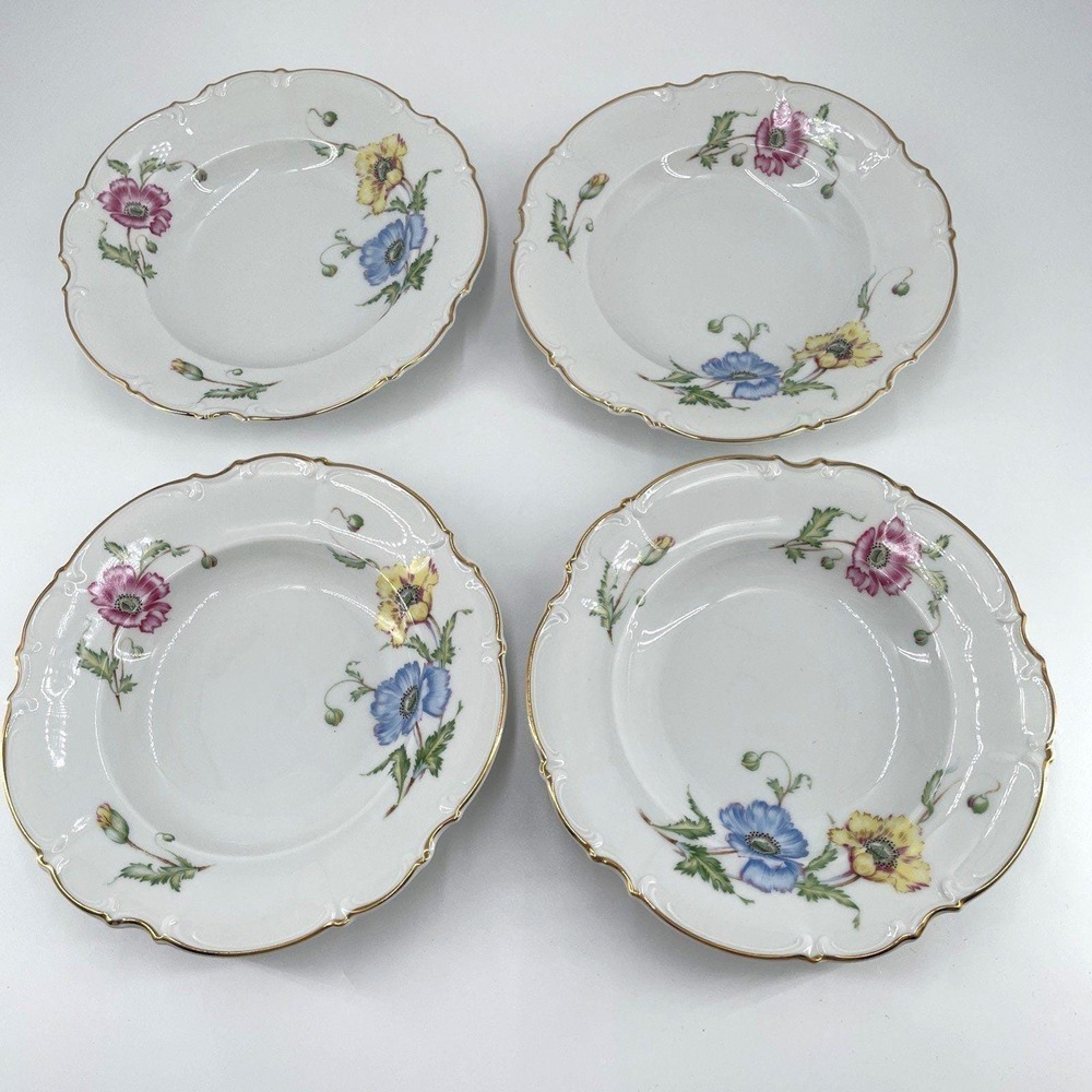 Hutschenreuther Selb Sylvia Soup Bowls Pasco Bavaria Germany Floral Poppy Set 4